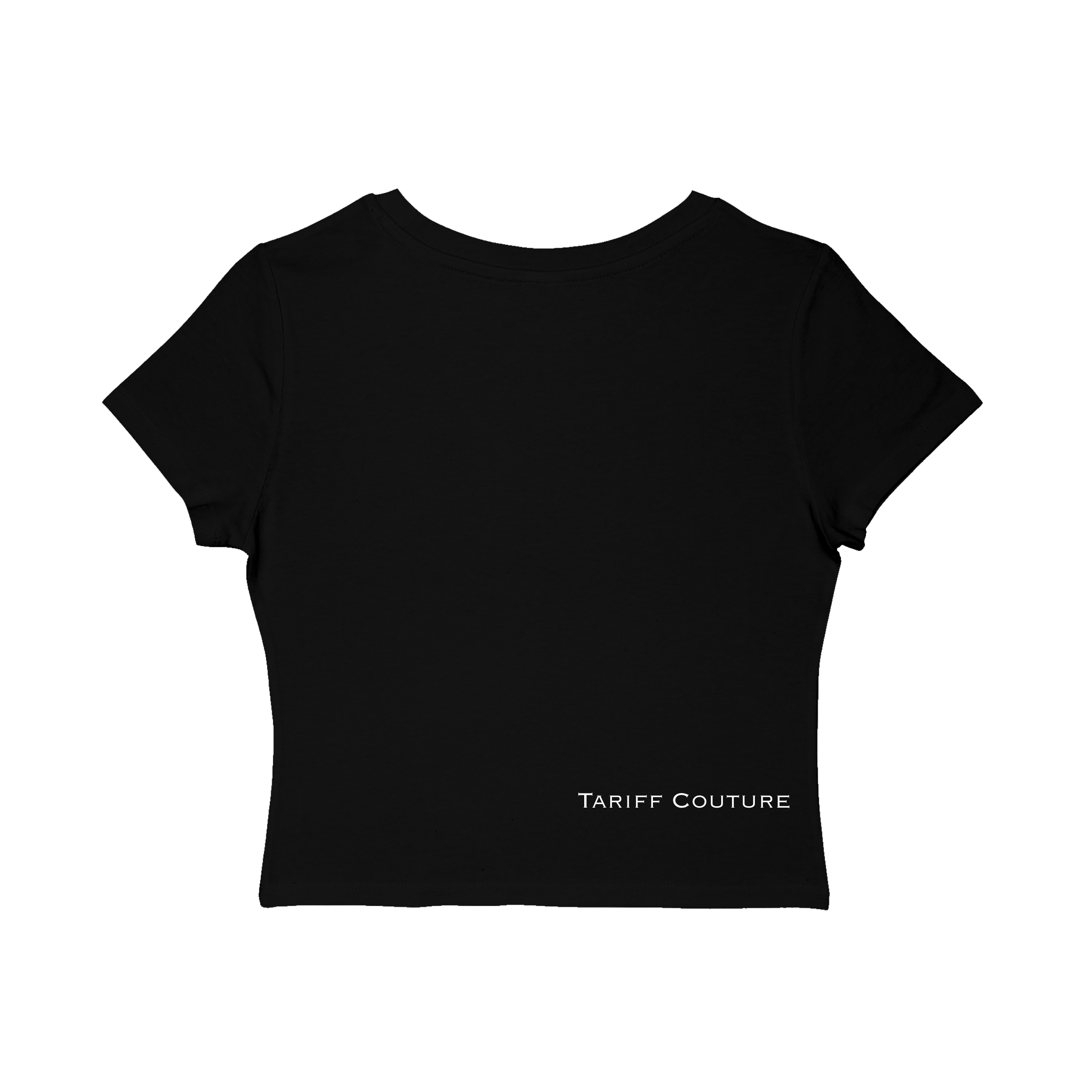 Black crop top with 'Tariff Couture' branding on a white background