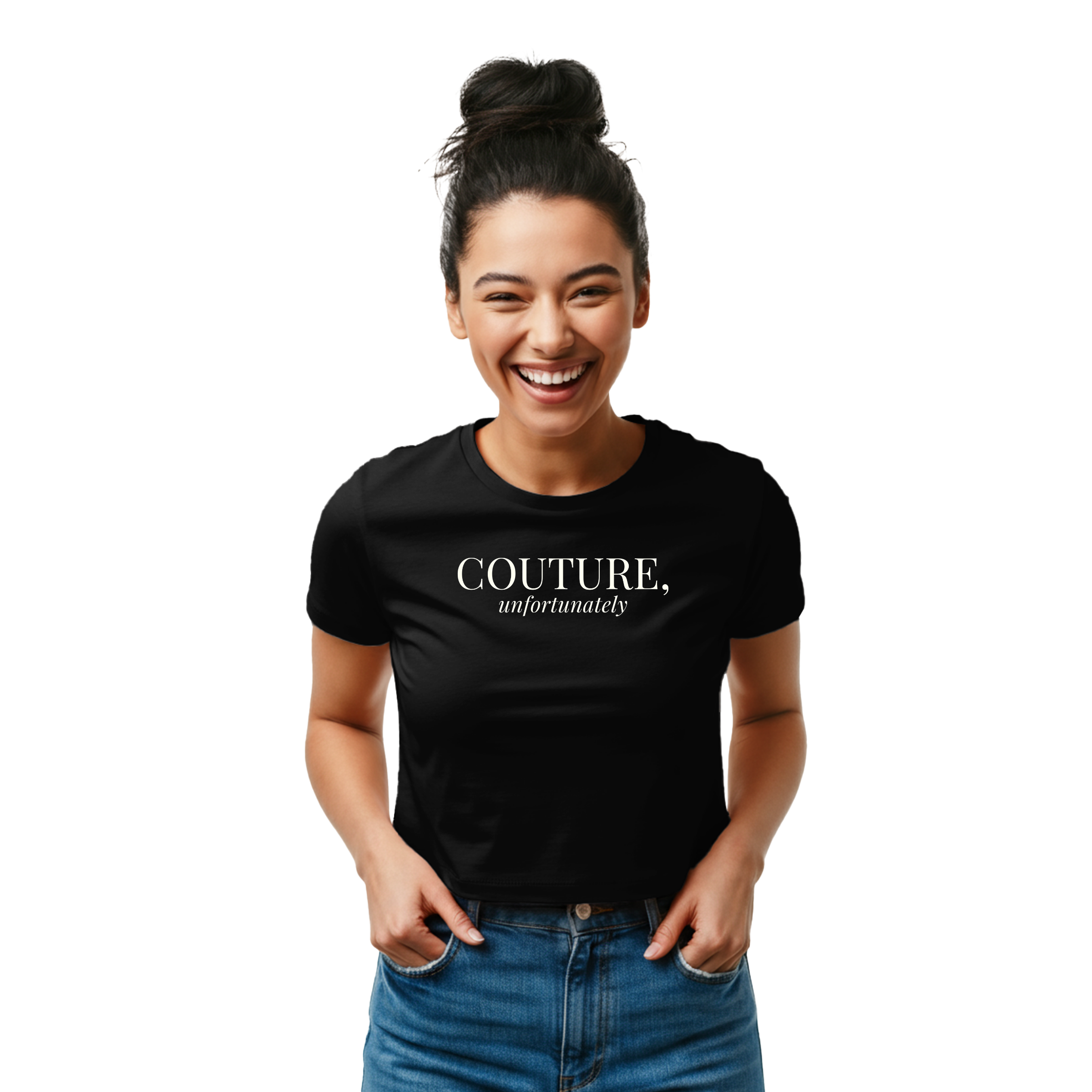 Person wearing a black t-shirt with 'COUTURE. unfortunately' text on a white background