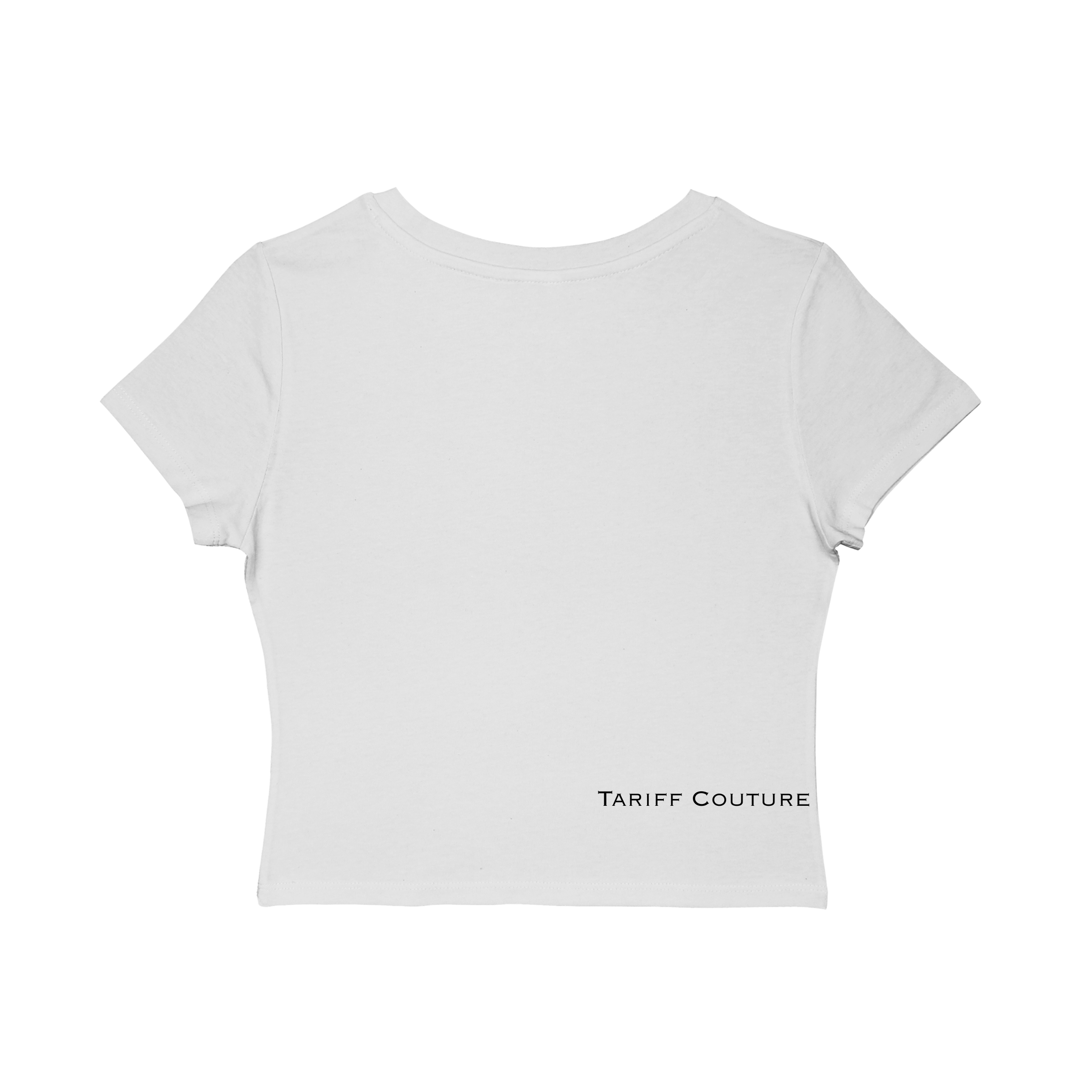 White t-shirt with 'Tariff Couture' logo on a white background